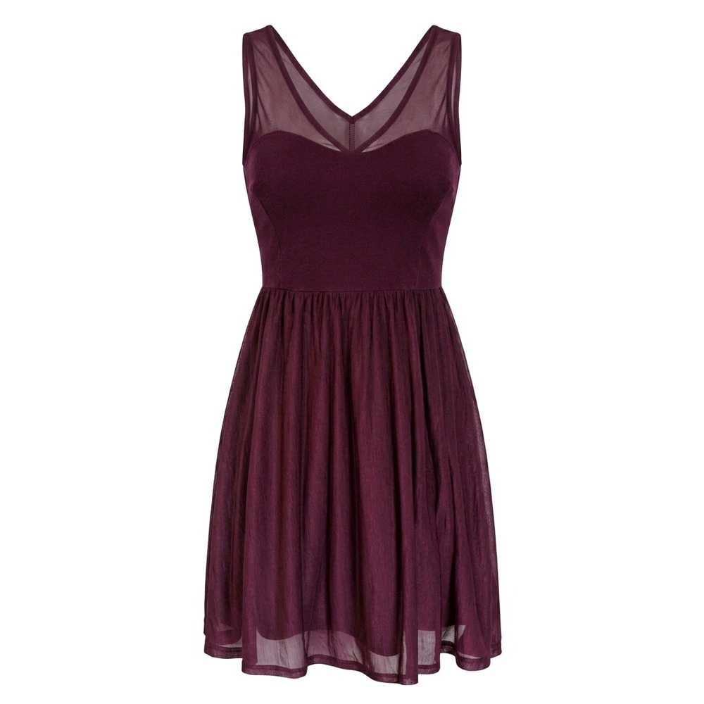 Burgundy Wine‎ Mixed Media Mesh V-Neck Fit and Flare Cocktail Dress